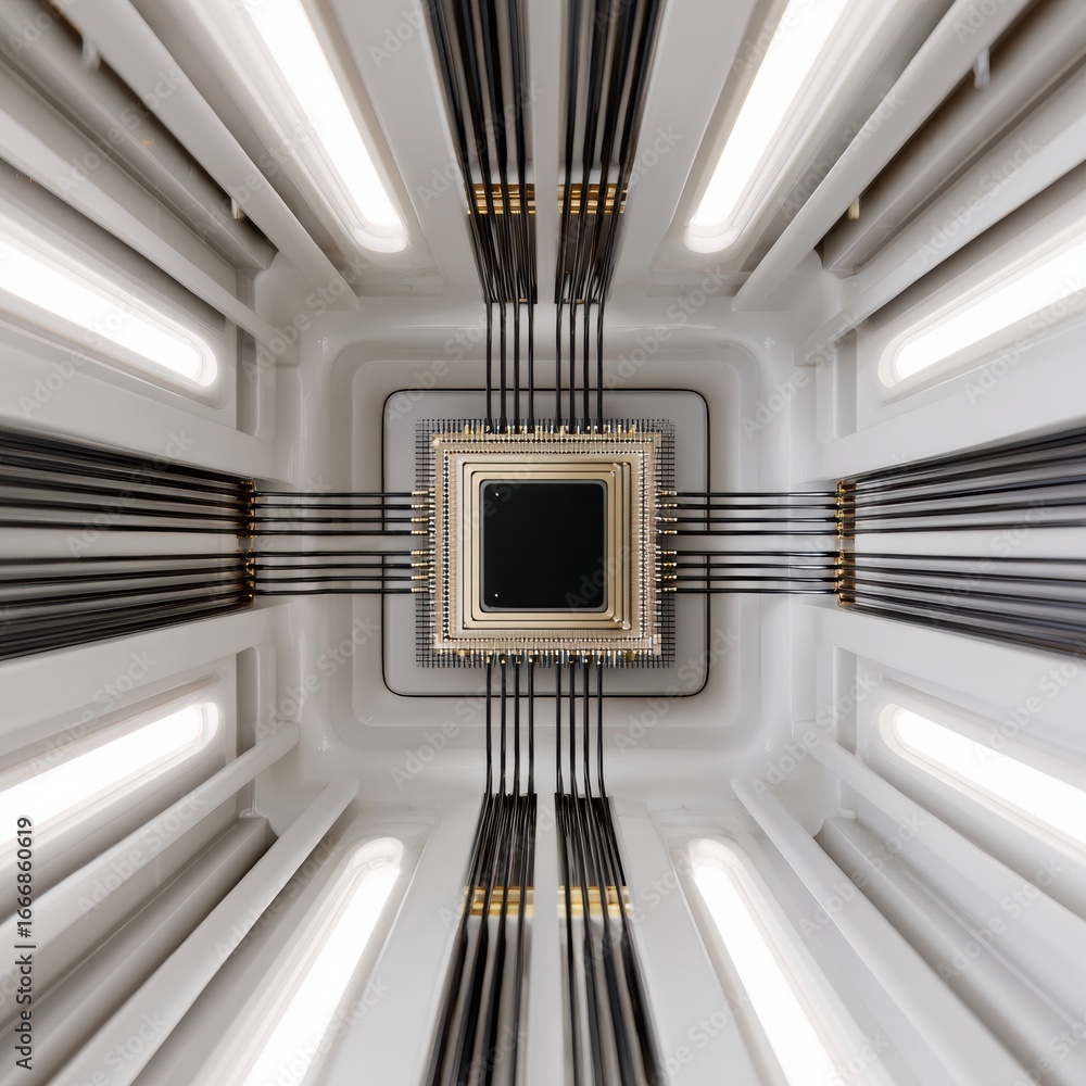 Poster premium modern quantum computing chip on complex circuitry board for tech innovation and professiona