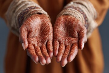 Fototapeta premium Authentic Brides Hands with Fresh Henna Paste and Intricate Mehndi Designs Premium Wedding Artistry for Cultural Marketing and Social Media Campaigns