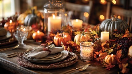 Thanksgiving table setting with seasonal decorations featuring pumpkins gourds candles and fall foliage in a warm and festive autumn arrangement.