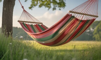 Colorful hammock hanging in a grassy field under a tree