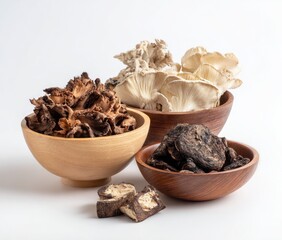 Fototapeta na wymiar Dried mushrooms in wooden bowls