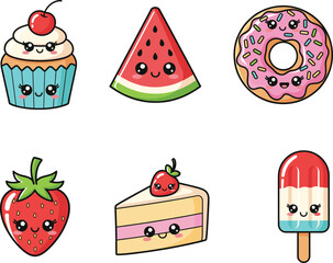 Kawaii Cartoon Sweets and Fruits Vector Set – Cute Cupcake, Donut, Watermelon, Strawberry, Cake, and Popsicle with Faces