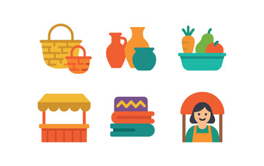 vector colorful flat filled icons local customs event (market): woven baskets pottery fresh produce wooden stalls textiles smiling vendors.