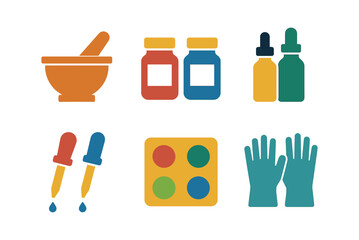 vector colorful flat filled icons ink maker (tools): pestle and mortar pigment jars bottles droppers trays gloves.