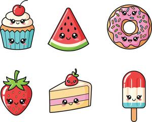 Cute Kawaii Dessert and Fruit Characters with Smiling Faces – Cartoon Cupcake, Donut, Watermelon, Strawberry, Cake, and Popsicle