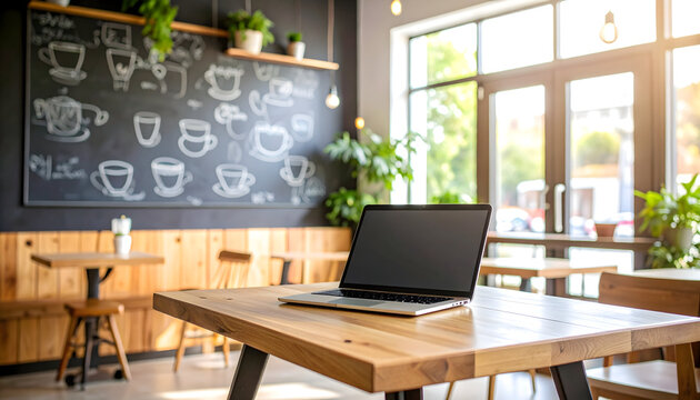 Laptop on wooden table in bright coffee shop with chalkboard wall art