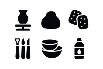vector solid black filled icons craft training (ceramics): pottery wheel clay sponges carving tools bowls glazes.