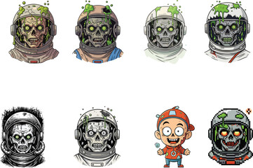 Zombie Astronaut Skull Vector Set Featuring Creepy Space Helmets with Green Slime for Horror, Sci-Fi, and Halloween Design Projects