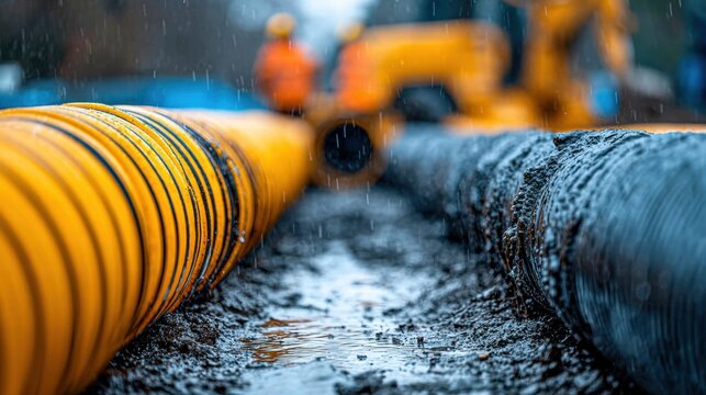 Close-up shot of wet construction pipes in the rain at a construction site.