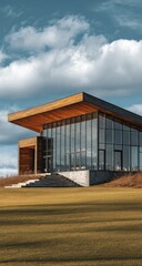 Fototapeta premium Modern glass and wood building on a grassy field under a cloudy sky
