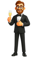 3D realistic cartoon man in tuxedo holding champagne glass and celebrating, isolated on transparent background.