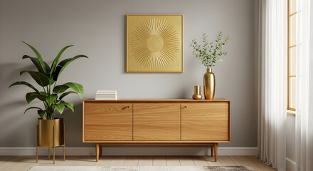 Elegant interior featuring a wooden sideboard, artwork, and a potted plant creating a cozy ambiance
