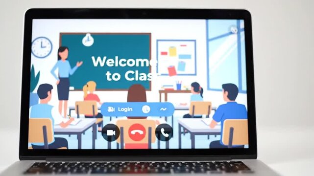 laptop displaying online virtual classroom welcome screen
