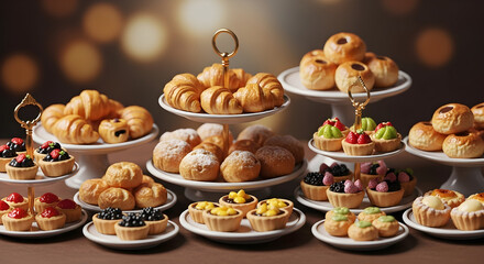 Elegant display of assorted pastries and croissants arranged on tiered stands for a delightful