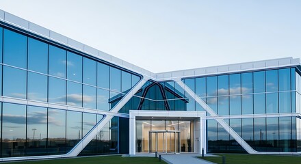 Fototapeta premium Modern architectural building with glass facade and geometric design under a clear sky.