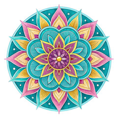 Vibrant intricate mandala design with colorful petals and geometric patterns transparent background