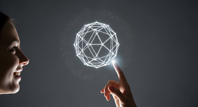 Woman interacting with a glowing geometric sphere representing technology and innovation - Powered by Adobe
