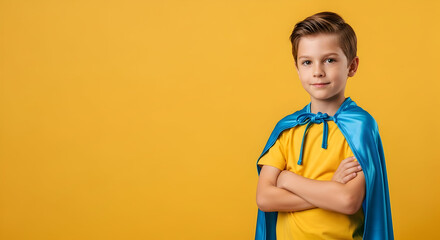 Young boy in superhero cape confidently stands against a vibrant yellow backdrop