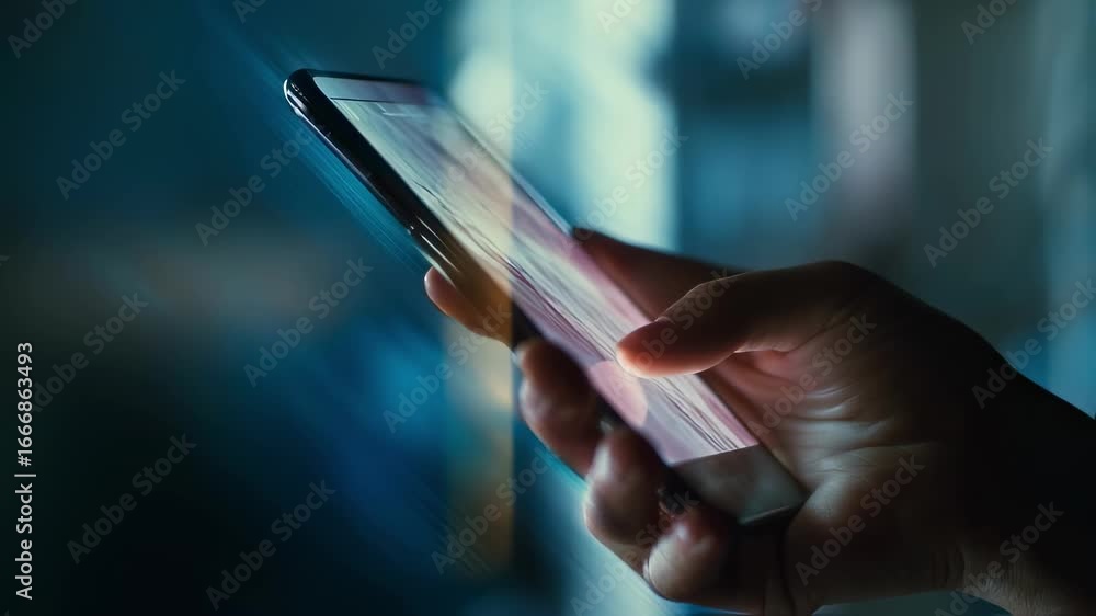 Poster medium shot capturing a users hand holding a transparent touchscreen device the background gently bl