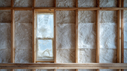 Wooden studs with white insulation surrounding a small window in a house under construction