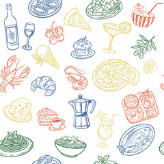 Seamless vector pattern with Italian food and drinks: pizza, pasta, seafood, cheese, coffee, wine, cocktails, desserts, and vegetables. Perfect for menu, packaging, fabric, and restaurant design.