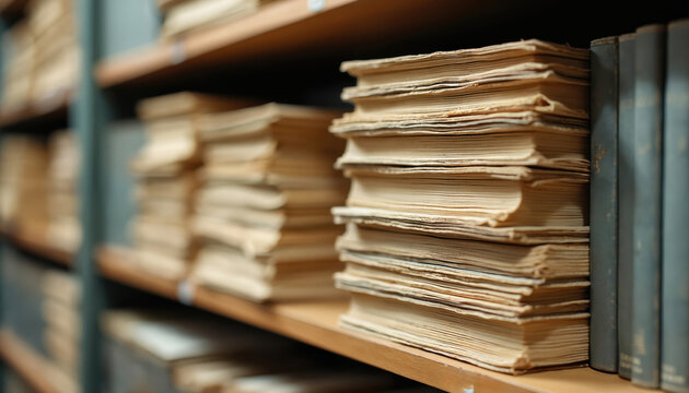 Vintage library shelves hold stacked documents, files, books from mid-20th century. Organized archival materials suggest history, research, education. Old-fashioned labels visible on aged paper files