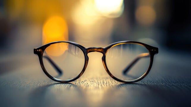 A pair of round, black-framed glasses with clear lenses, placed on a wooden surface with a blurred background of warm, yellow lights.