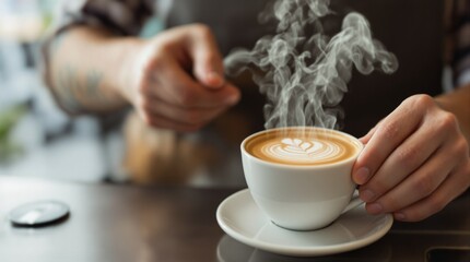 Steaming Latte Art Coffee Cup - Modern Cafe