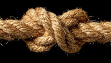Close-up of a tight, double knot in a light brown rope against a black background