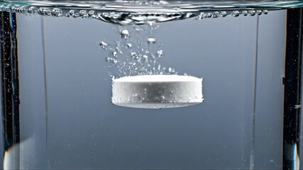 A white tablet dissolving in water bubbles rising to the surface inside a clear glass - Powered by Adobe