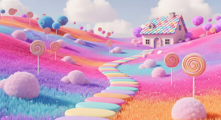 Vibrant Candyland Dreamscape: A Fantasy Landscape with a Whimsical House and Lollipops