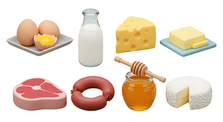 3D Food Icons: A Wholesome Collection of Dairy, Meat, and Honey Products