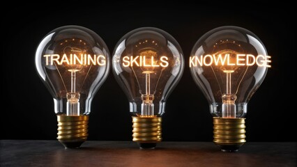 Three glowing light bulbs with words training skills knowledge inside representing ideas and learning