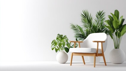 A minimalist, modern interior scene featuring a white armchair and lush greenery