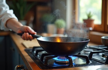 Chef holds wok over gas stove with blue flames. Steam rises from cooking pan in cozy kitchen interior. Steel utensil for home cooking, culinary preparation, gastronomy, recipe creation.
