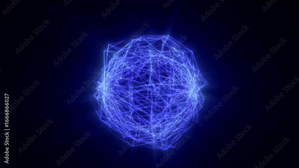 Poster glowing blue digital energy sphere with interconnected lines and a dynamic network structure on a da