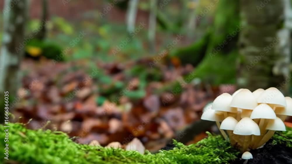 Poster mushroom cluster with white caps growing on moss covered log in forest with blurred background