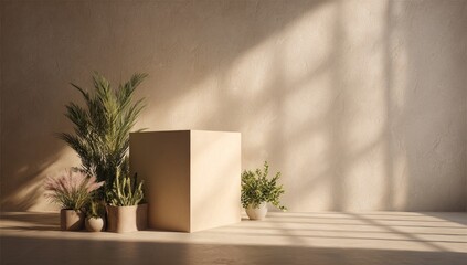 Beige minimalist scene with plants and a cube