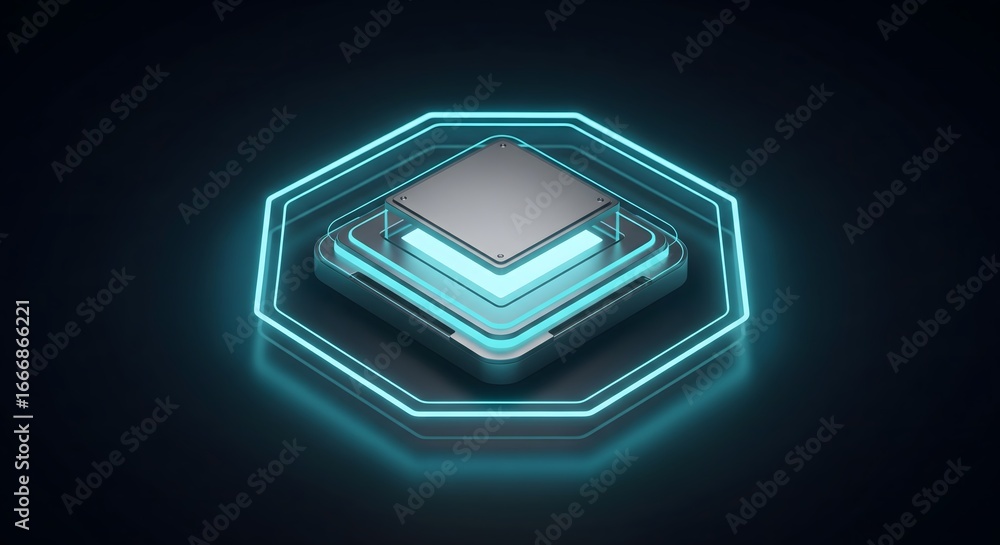 Poster abstract glowing hexagon platform with a metallic element for technology concept.