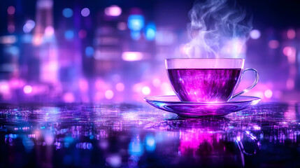 Cup of Steaming Tea Coffee Near Fireplace, Sunset. Cozy Hygge Atmosphere at Home. Selective Focus