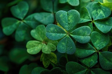 Close-up of vibrant green clover leaves.  Clusters of four-leaf clovers,  detailed textures and variations in shades of green.  Shallow depth of field highlights the central leaves