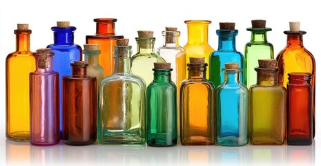 Colorful glass bottles arranged in a row against white background