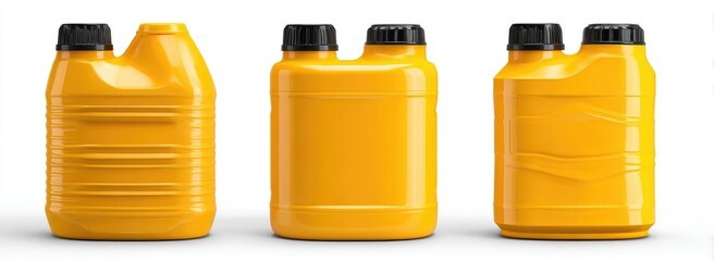 Three bright yellow plastic containers with black caps