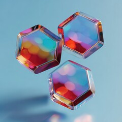 Three iridescent hexagons hover in mid-air, reflecting vibrant colours