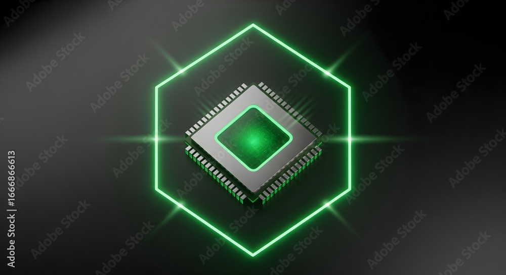 Poster microchip inside a green hexagon, glowing electronic component rendering.