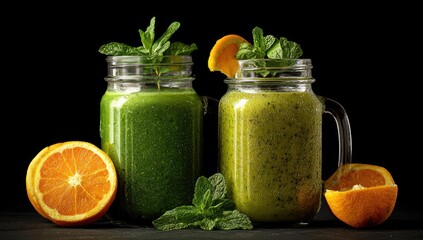 Two vibrant smoothies, green and yellow-green, in mason jars, garnished with fresh mint leaves and orange slices, on a dark surface