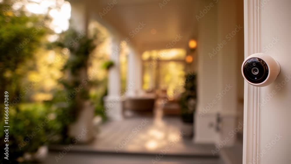 Poster focused view of a smart security camera mounted by a front door with the outdoor porch in soft blur 