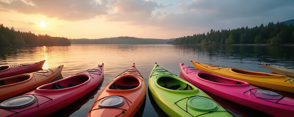 Colorful kayaks float peacefully on calm lake waters at sunset. Forested hills surround the serene water. Kayaks are lined up, ready for adventure or relaxation. Scenic nature background.