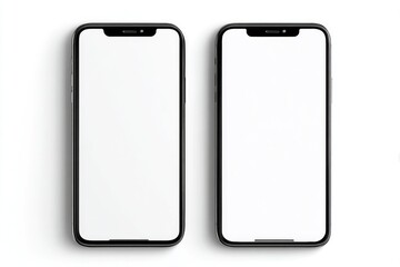 Two black smartphones with blank screens, side-by-side, on a white background