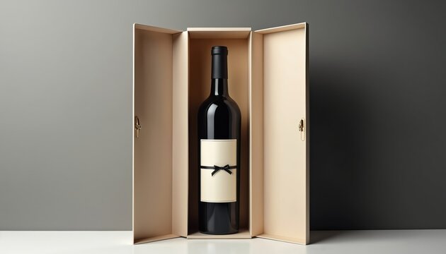 Premium wine bottle presented in minimalist beige box. Elegant container features subtle gold branding on cream label, adorned with black ribbon bow. Sophisticated packaging highlights quality,